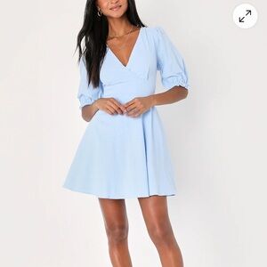 Lulu's Sky Blue V-Neck Puff Sleeve Mini Dress